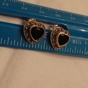 Elegant Black Heart Sterling Silver Stud Earrings Marcasite
